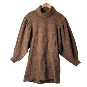 Kenzo Paris Vtg 100% Wool Tweed Turtleneck Dress Sz M Brown Textured Oversized